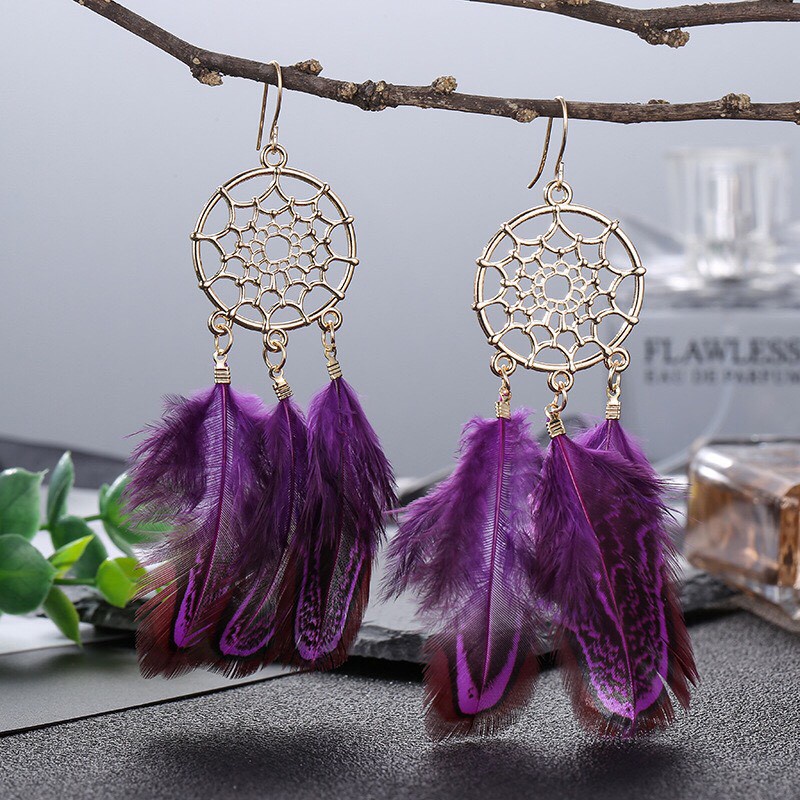 Khuyên tai lông vũ bông tai boho phong cách dân tộc - Mã HT051