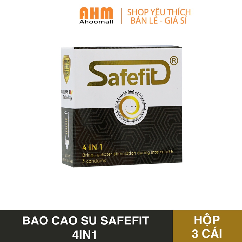 Bao cao su Safefit 4in1, Gân Gai kéo dài thời gian - Hộp 3 / 12 cái  - Bcs Chính hãng