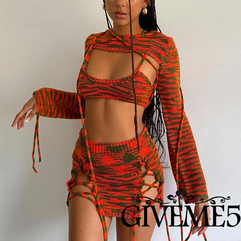 Set áo croptop + chân váy + áo khoác phong cách retro quyến rũ cho nữ