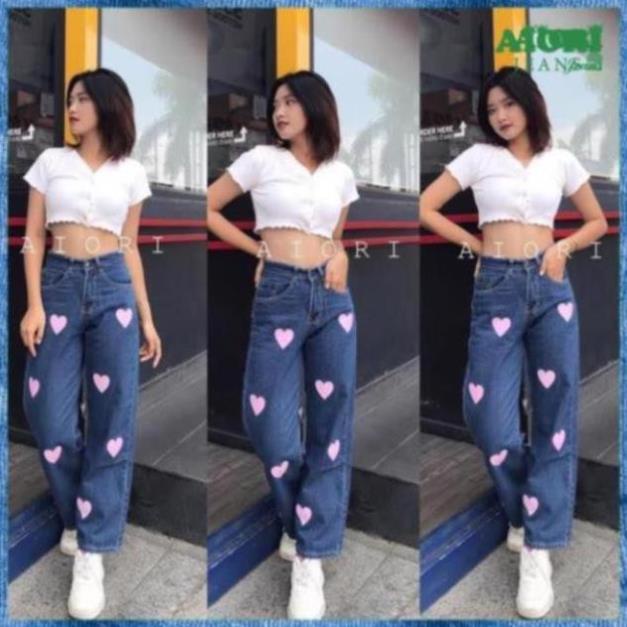 Quần Jeans Nữ - Quần Jean Nữ Chất Cotton Không Giãn, Họa Tiết In Trái Tim Hồng, Ống Rộng Cao Cấp