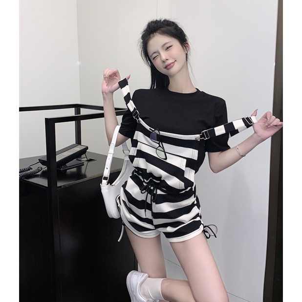 Jumpsuit Dây Rút Kẻ Sọc Dáng Rộng Tay Ngắn Thời Trang Mùa Hè Cho Nữ