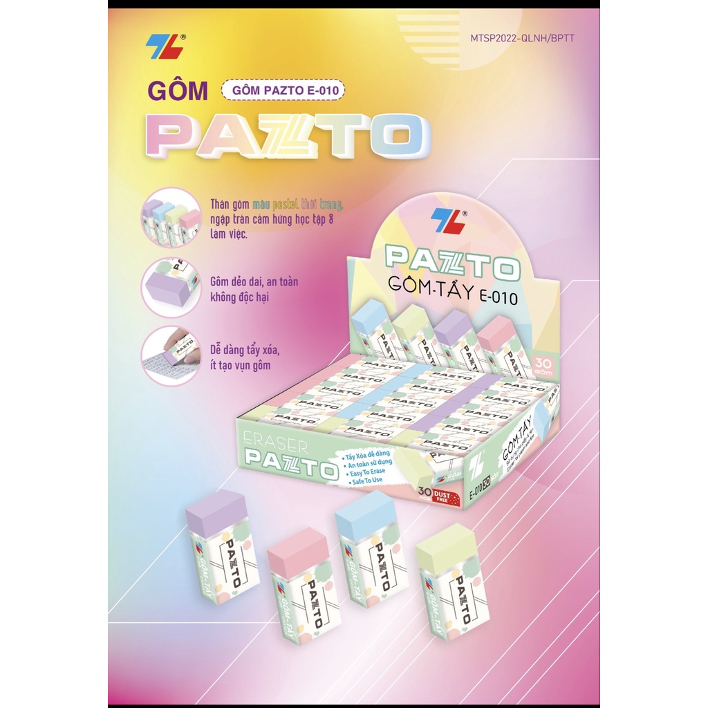 Gôm tẩy Thiên Long E-010, không mùi, dẻo, màu Pastel