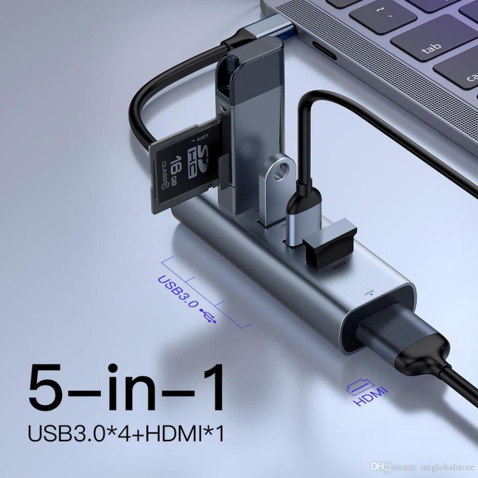 Hub chia cổng 5 in 1 Type-C ra 4 cổng USB 3.0 và HDMI chuẩn 4K hiệu Baseus Gen2 cho Macbook Pro/Smartphone - Chính hãng