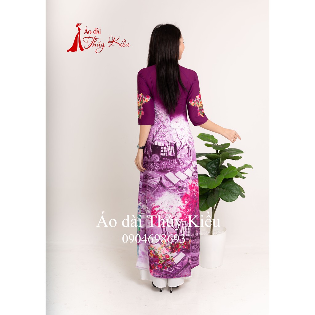 Áo dài nữ truyền thống thiết kế may sẵn tết cách tân nữ tím phong cảnh K12 Thúy Kiều mềm mại co giãn áo dài giá rẻ