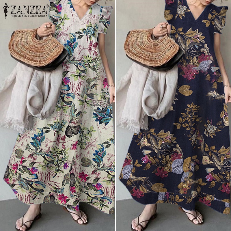 Đầm dài ZANZEA cổ chữ V tay ngắn phong cách retro thời trang cho nữ