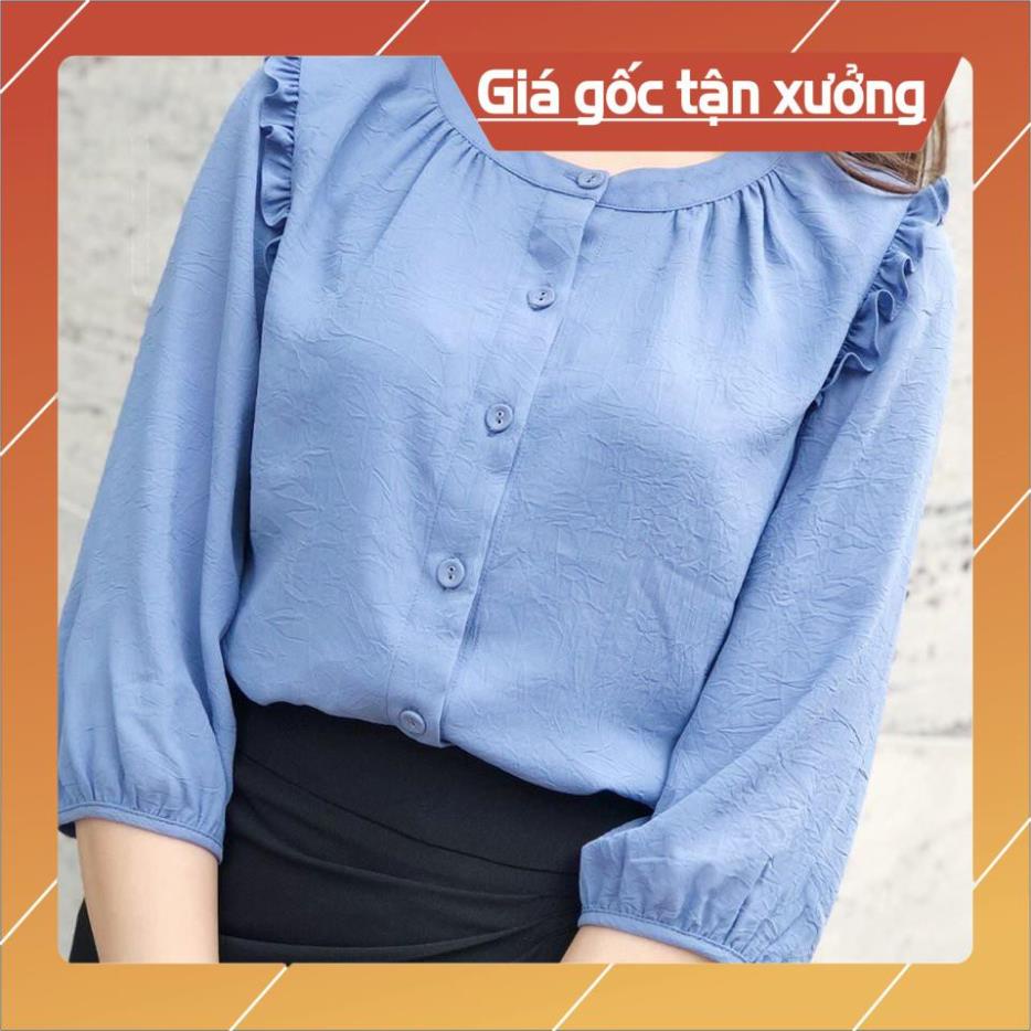 [Chất lượng số 1] Áo sơ mi công sở cổ tròn nhấn bèo vai tay lửng màu xanh thanh lịch thời trang Gloria shop | BigBuy360 - bigbuy360.vn