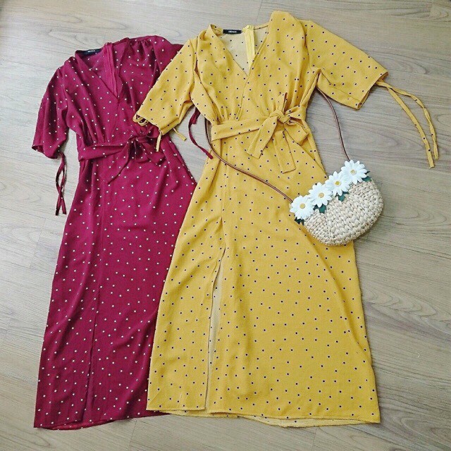 DM693 - Đầm Maxi Chấm Bi Cổ V Xẻ Đùi Nhiều Màu | BigBuy360 - bigbuy360.vn