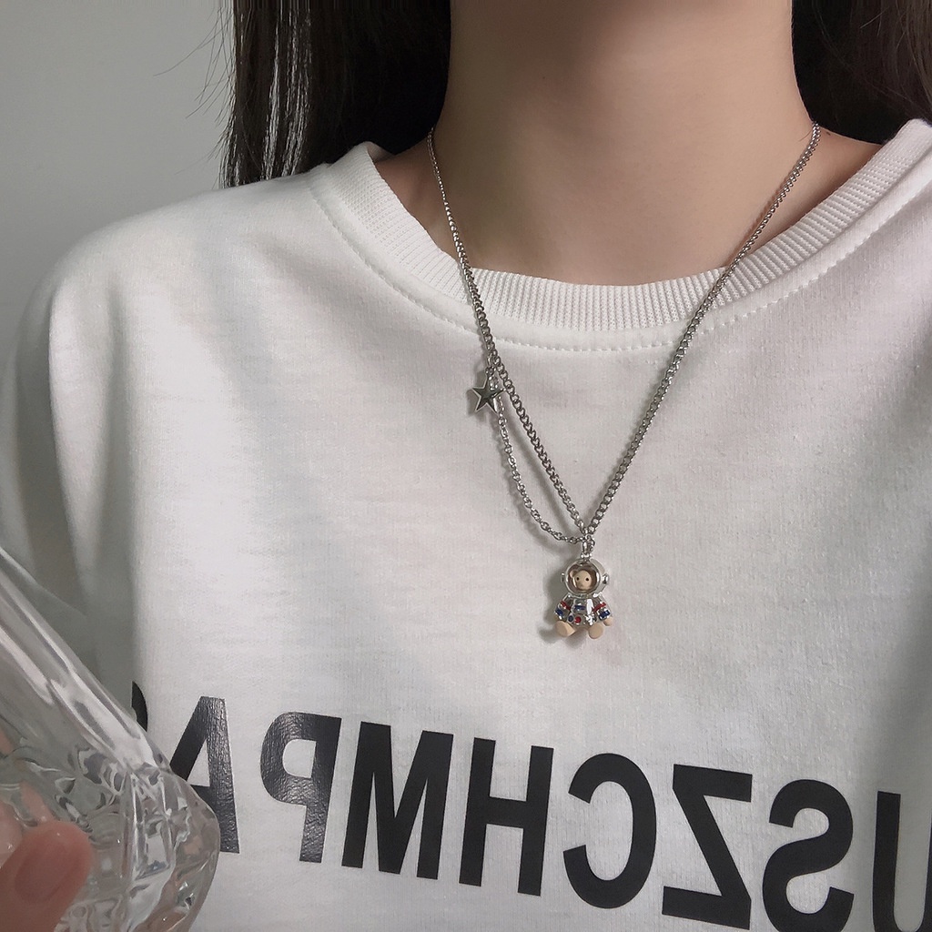 Vòng cổ Thép Titan Mặt Hình Gấu Phi Hành Gia Phong Cách Xuân Thu