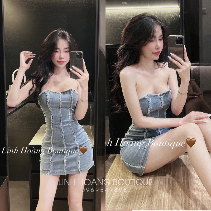 Đầm quây body jeans gân rách