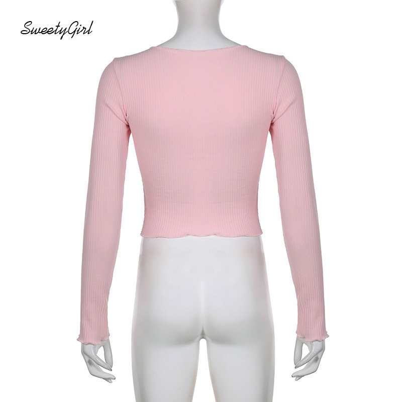 Áo Thun Tay Dài Cổ Chữ V Phối Ren Nơ Màu Trắng Hồng Thời Trang 2022