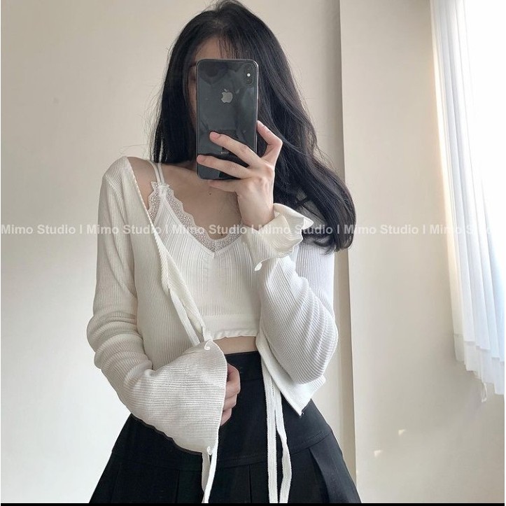 [ORDER]- Áo cardigan dây buộc xẻ tay Chân váy xòe xêp ly bảng lớn