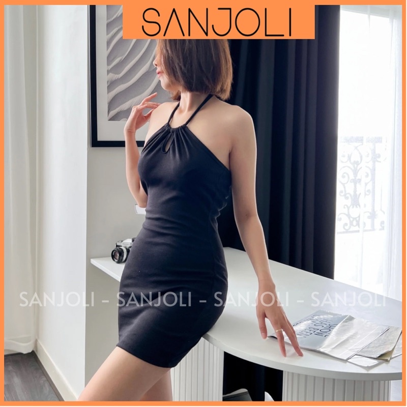 Váy 2 Dây SANJOLI Đầm Body Dự Tiệc Kiểu Nữ Cổ Yếm Hở Lưng Sexy Thiết Kế Ôm Eo Khoét Ngực Chất Len Thun Đi Chơi VD029