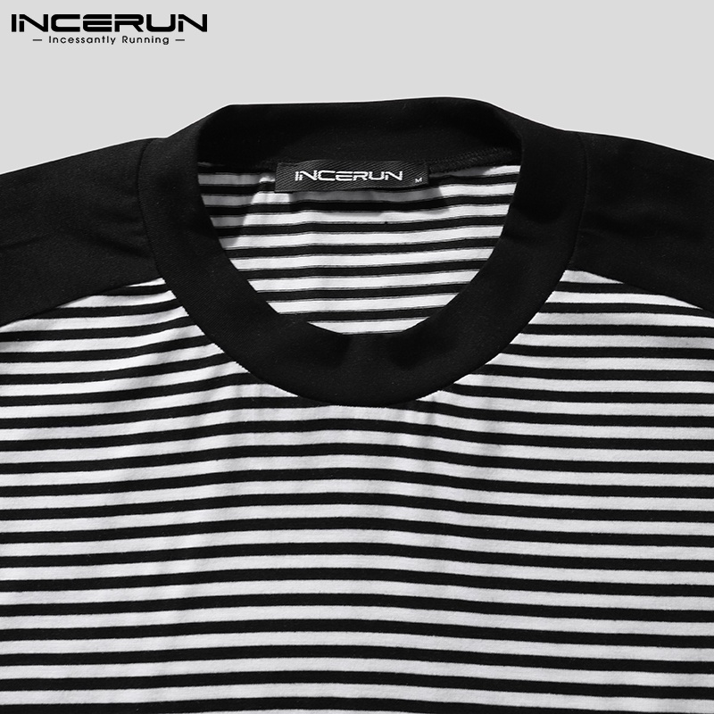 Áo thun INCERUN ngắn tay cổ tròn mềm mại họa tiết kẻ sọc phong cách đơn giản cho nam