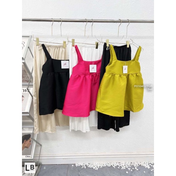 Set áo babydoll 2 dây bản phối quần đũi suông hàng Quảng Châu 0104