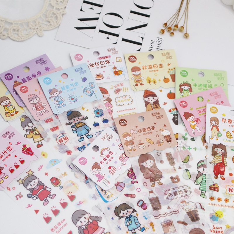 Hình dán sticker nền mờ hình cute mẫu thỏ, gấu, cô gái, công chúa, động vật hoạt hình dễ thương