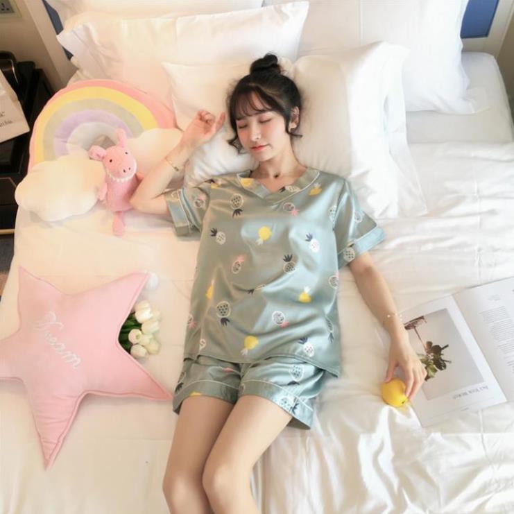 Đồ ngủ Pijama, bộ ngủ mặc nhà lụa satin cao cấp cố trái tim ngắn tay quần đùi hello kitty hình trái cây nhiều màu sắc  ཾ