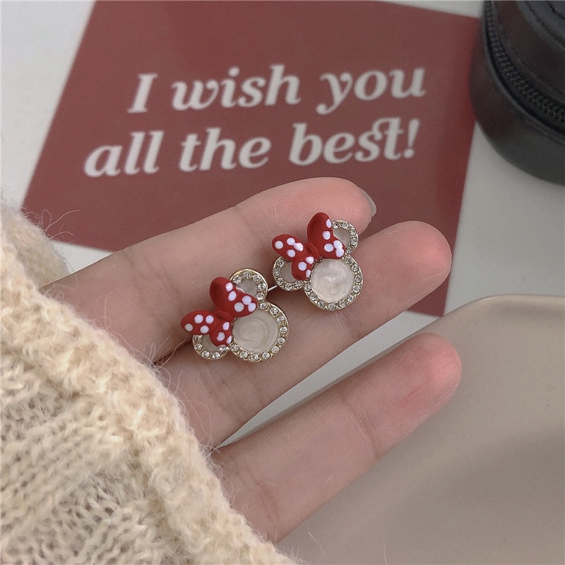 Bông tai bạc 925 hình chuột Mickey và nơ đỏ dễ thương