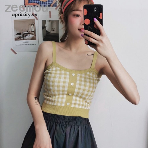 Áo Croptop sát nách họa tiết caro phong cách Hàn Quốc