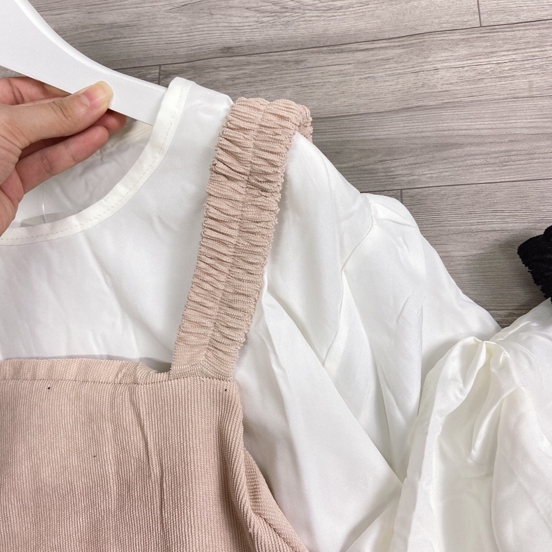 Set 2 Món Yếm Dài 2 Dây Kèm Áo Thun Dài Tay Váy Suông Dáng Dài Nhung Tăm