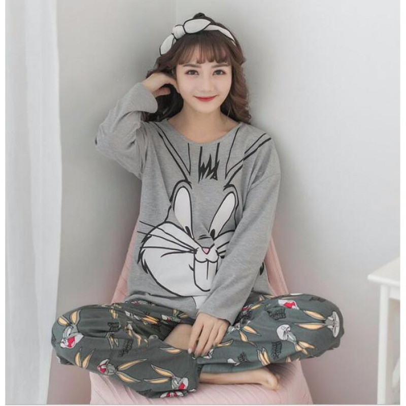 Bộ Đồ Ngủ 2 Món Vải Cotton Tay Dài In Hoạt Hình Dễ Thương Size M-xxl