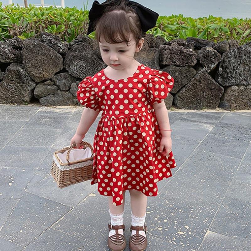 Đầm nền đỏ hoạ tiết chấm bi cổ điển dễ thương cho bé gái từ 3-8 tuổi