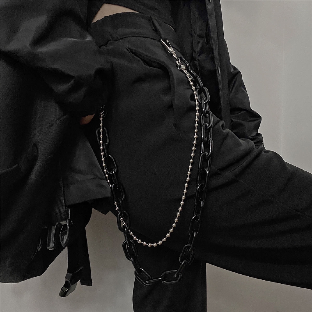 Dây xích phối quần dài hai lớp màu trơn phong cách harajuku 22128