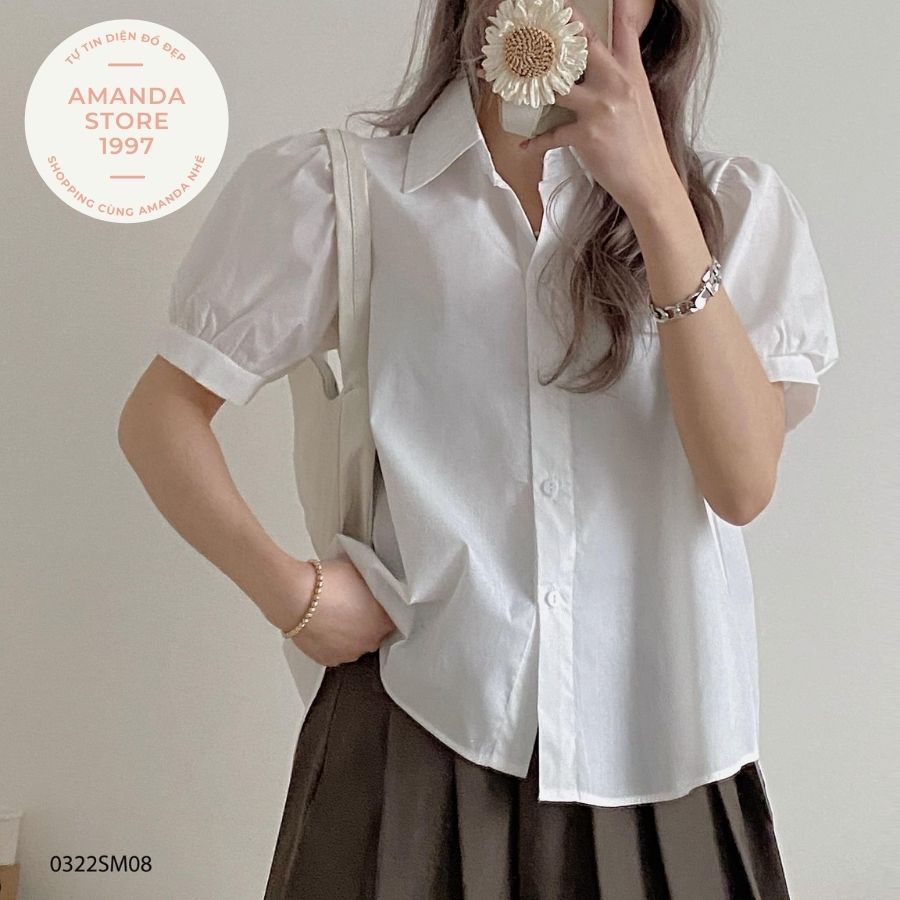 Áo Sơ Mi Ngắn Tay Phồng Babydoll Dáng Rộng Hàn Quốc Kèm Xếp Ly Lưng Điệu Thời Trang Mùa Hè Chất Mát