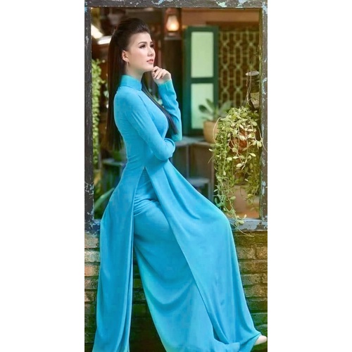 ÁO DÀI TRUYỀN THỐNG NỮ MAY SẴN 4 TÀ MÀU XANH DƯƠNG - ÁO DÀI 4 TÀ LỤA CHIFFON TRƠN KÈM QUẦN CÓ BIGSIZE [Hàng loại 1]