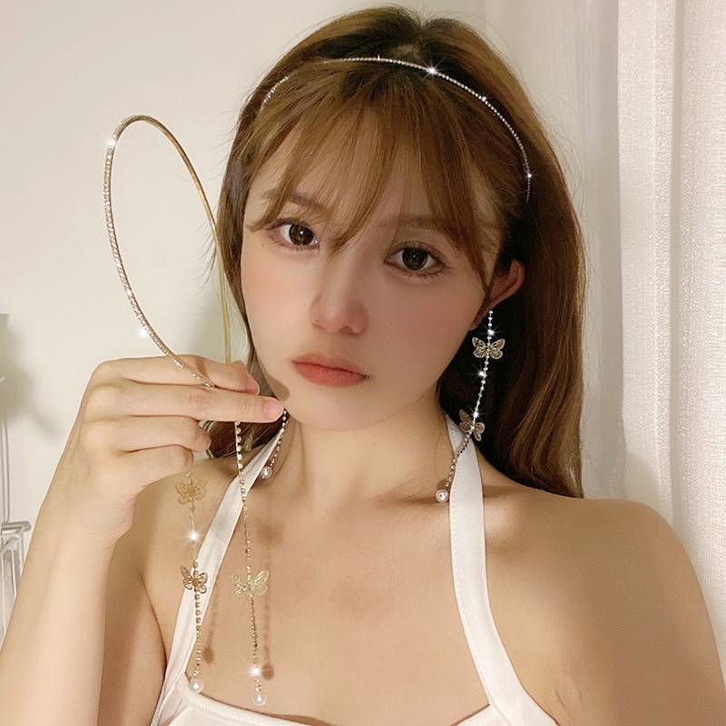 Băng Đô Cài Tóc Đính Đá Pha Lê &amp; Ngọc Trai Tua Rua Chống Trượt Đàn Hồi Cho Nữ