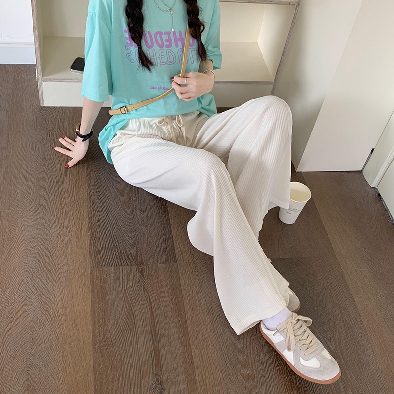 SUXI Quần ống rộng Lưng Cao Co Giãn Màu Sắc Đơn Giản Thời Trang Xuân Hè Cho Nữ