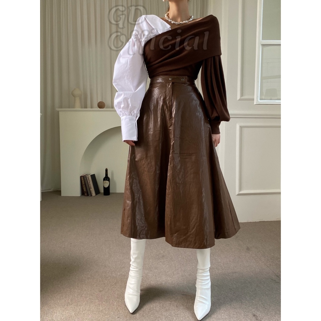 A88|Áo sơ mi nữ polo cổ V cotton phối len dệt kim trễ vai, váy chữ A cạp lưng cao da pu dài rộng nâu, đen GD Official