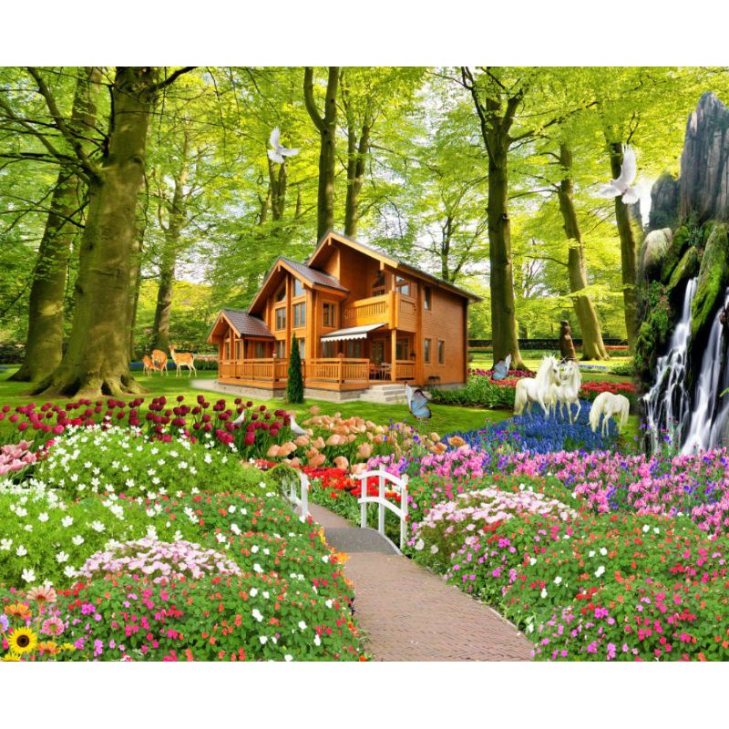 Tranh dán tường 3D phong cảnh chất liệu vải lụa kt cao 141cm x ngang 2.1m