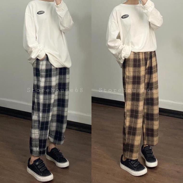 [Rẻ Vô Địch] Quần Kẻ Sọc Caro dáng suông ống rộng Phong Cách Hàn Quốc kèm ảnh thật