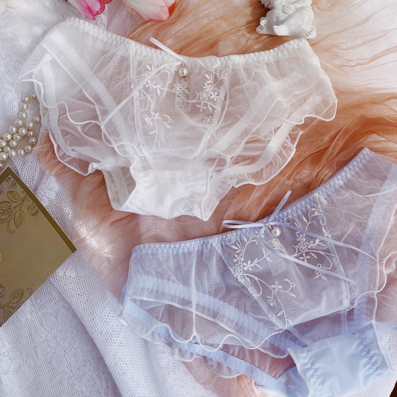 Quần lót lưng thấp 100% cotton thoáng khí phối lưới thêu họa tiết/ngọc trai/nơ dài phong cách Nhật Bản quyến rũ cho nữ