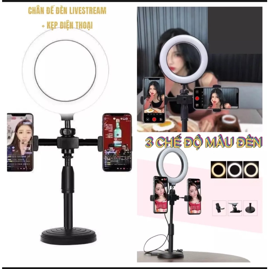 Đèn Livestream để bàn, Tích Hợp Giá Đỡ 2 Điện Thoại Có 3 Chế Độ Sáng, Kẹp Điện Thoại Để Bàn Quay Video Có Đèn Led 3 Màu