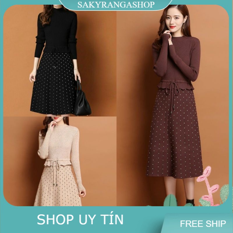 ĐẦM LEN XÒE CHÂN VÁY CHẤM BI (HÀNG NHẬP)