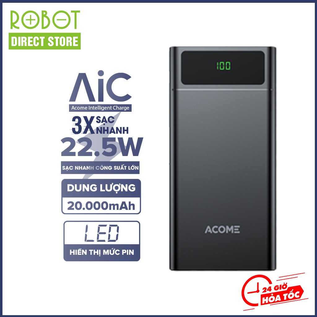Pin Sạc Dự Phòng ACOME AP201 20000mAh Sạc Nhanh 22.5W chuẩn QC3.0 3 Output USB-A TypeC 2 Input Mirco TypeC - BH 18 THÁNG