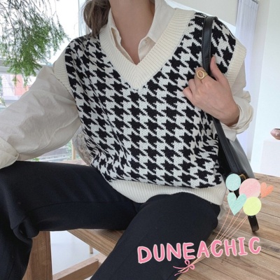 DUNEA Áo Len Không Tay Cổ Chữ V Họa Tiết Houndstooth Quyến Rũ Thời Trang Dành Cho Nữ