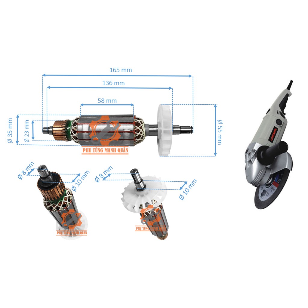 Rotor/ruột máy mài Crown 3002 tặng kèm chổi than cao cấp