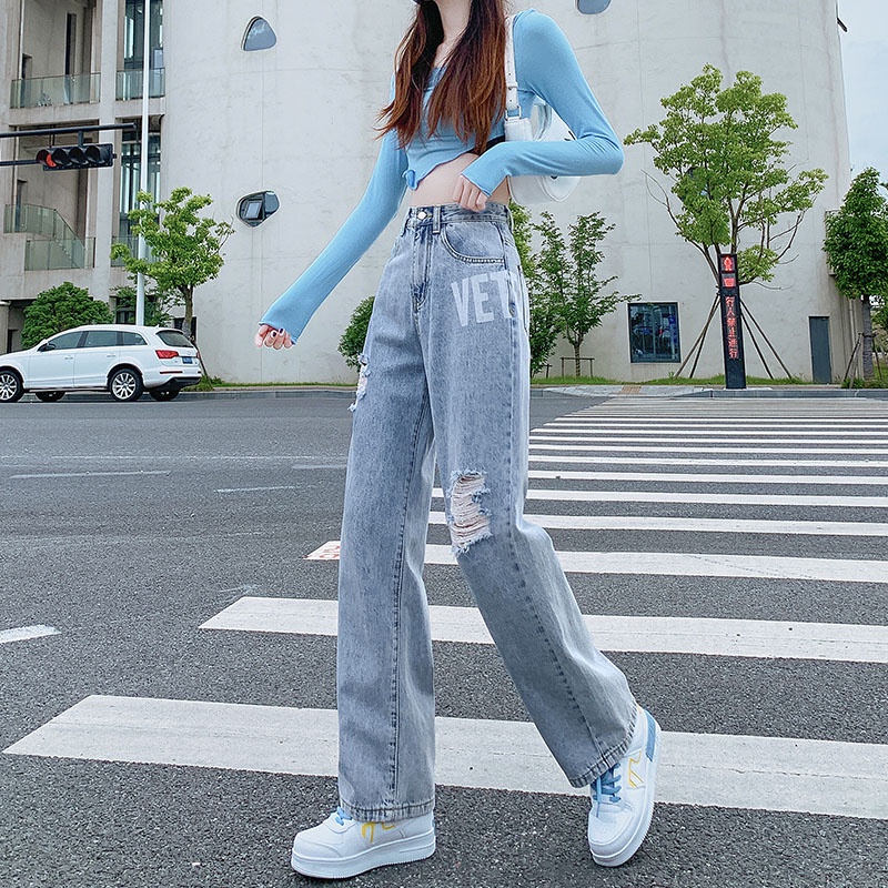 NRVP Quần jean ống rộng lưng cao thời trang mùa thu 2021 dành cho nữ