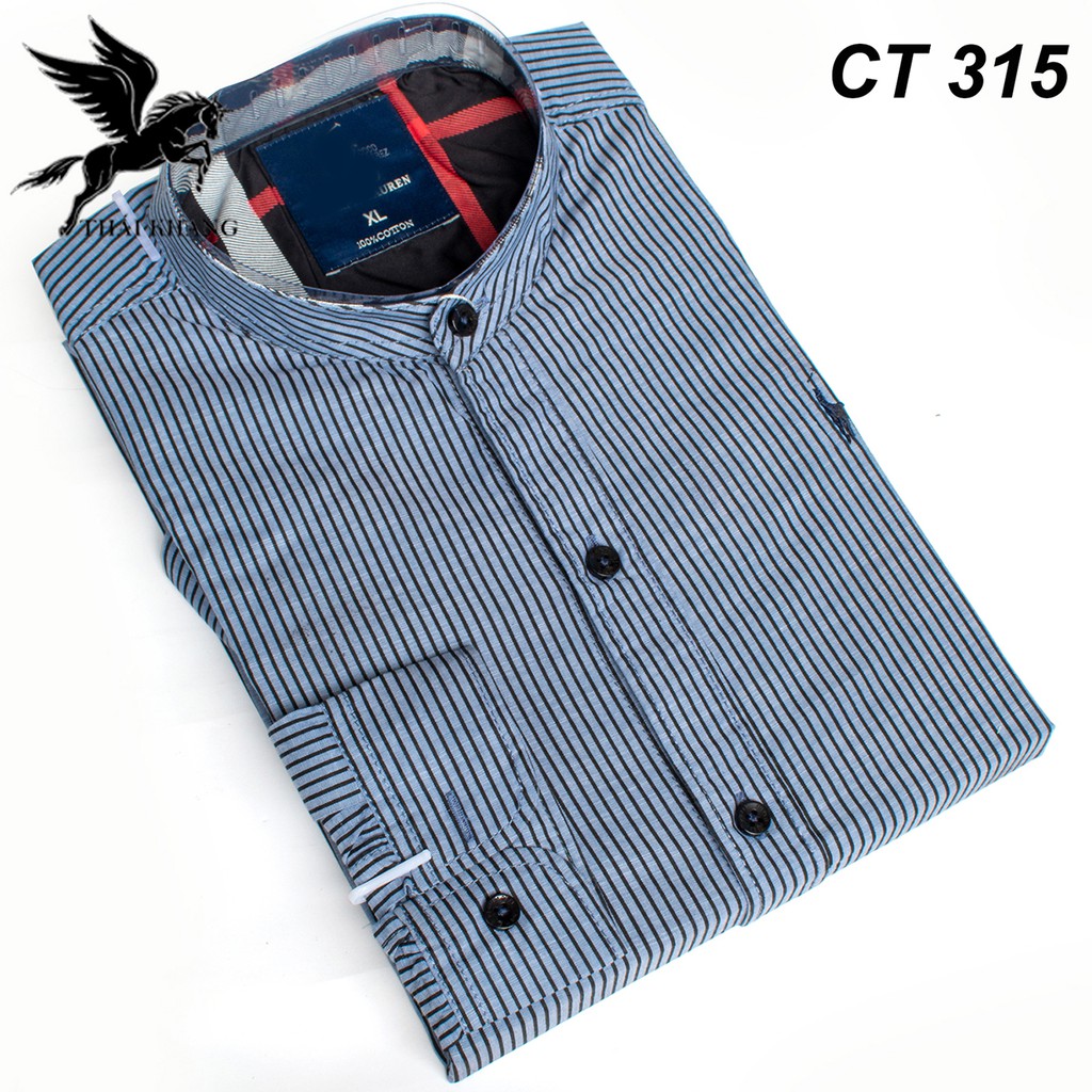 áo cổ trụ nam sơ mi sọc kẻ vải cotton mềm mát loại áo sơ mi nam cổ tàu form slimfit ASMCTD01 | BigBuy360 - bigbuy360.vn