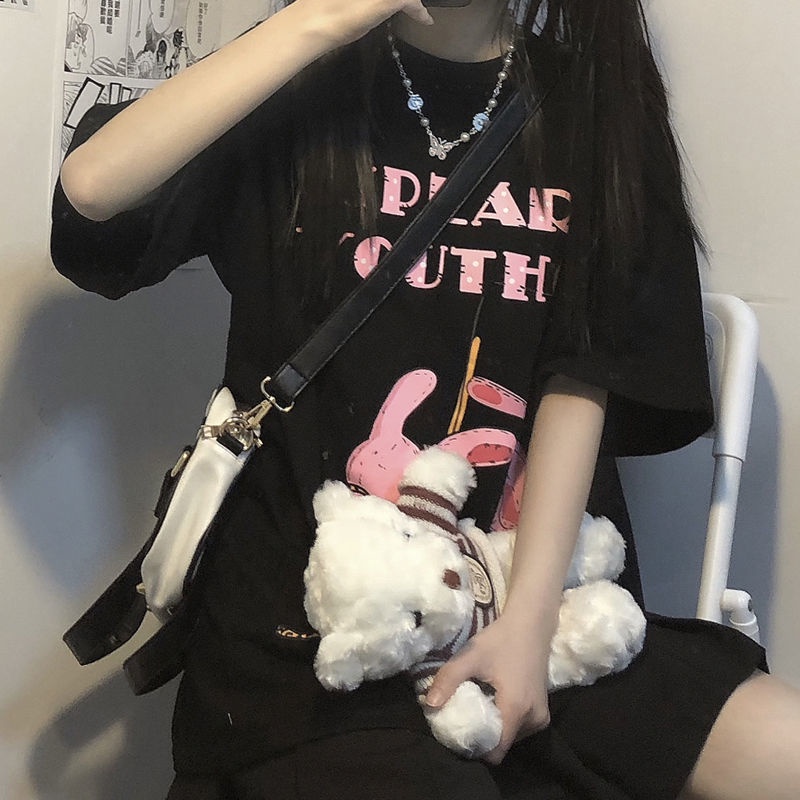 Áo Thun Đen Ngắn Tay In Hình Thỏ Hoạt Hình Phong Cách Hàn Quốc