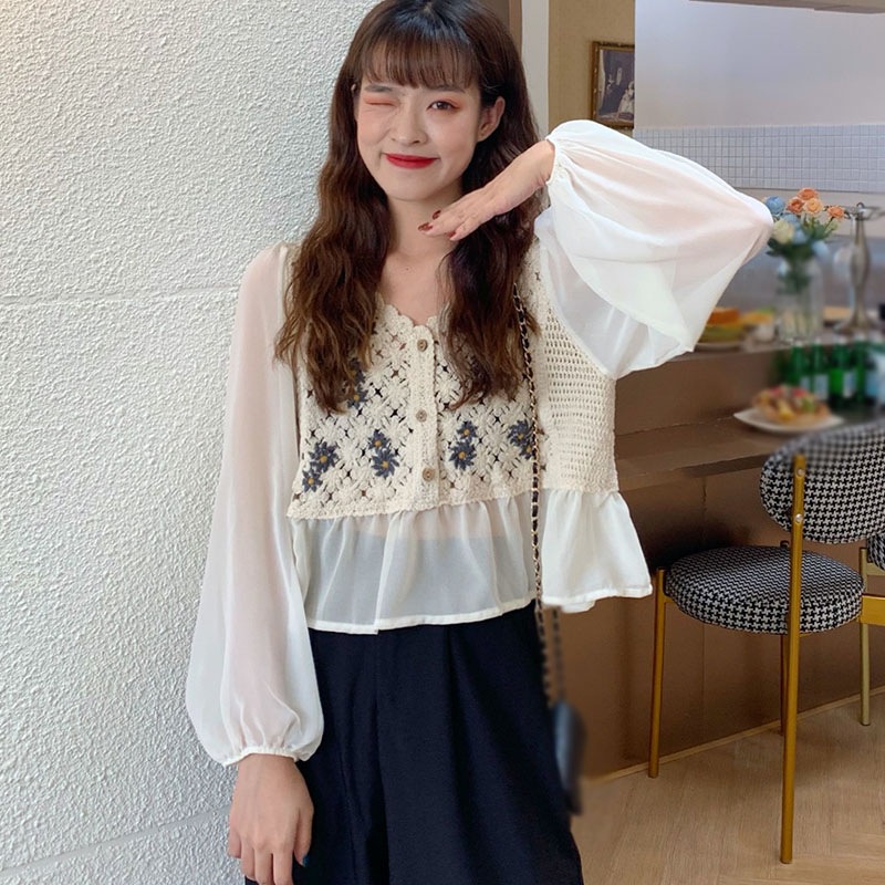 Áo chiffon tay dài phong cách Hàn Quốc thời trang thanh lịch cho nữ