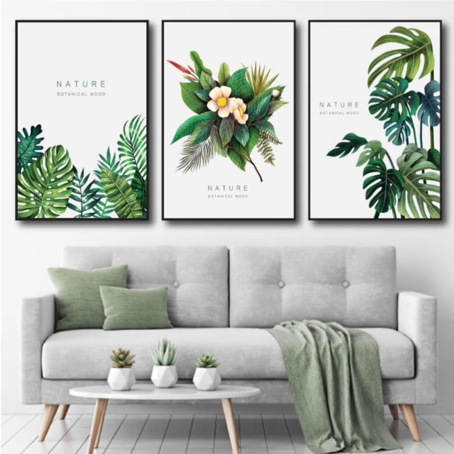 SET 3 Tranh Tráng Gương Treo Tường Lá Xanh Thiên Nhiên Treo Phòng Khách/ Phòng Làm Việc