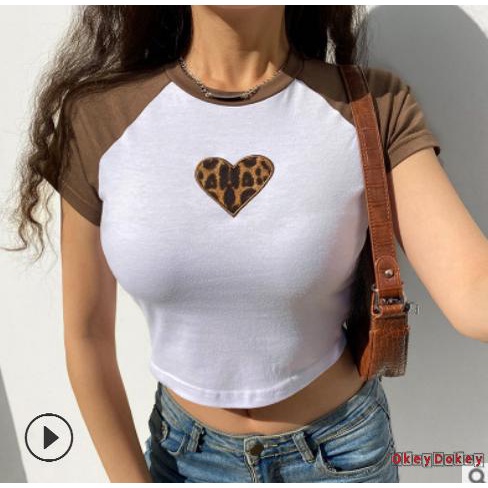 Áo Thun Croptop Tay Ngắn Cổ Tròn In Họa Tiết Da Báo Dễ Thương Dành Cho Nữ