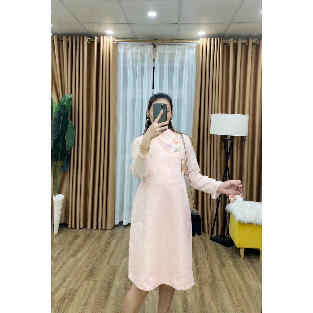 [Tết 2021] Váy cách tân bầu dáng suông chất gấm,đầm bầu công sở maternity dress