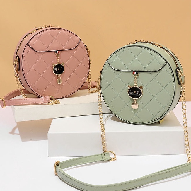 Túi Đeo Chéo Hình Tròn Cỡ Nhỏ Phối Dây Đeo Sợi Xích Thời Trang Phong Cách Hàn Quốc Cho Nữ