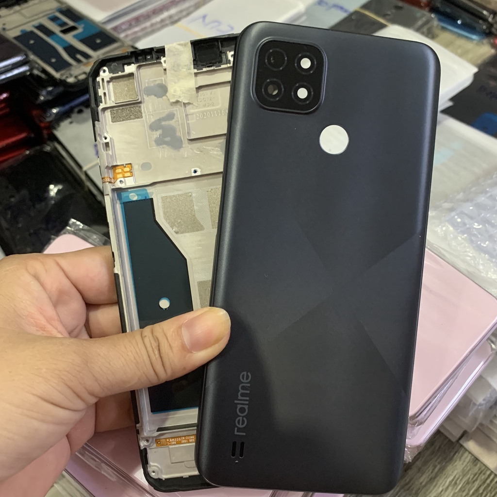 bộ vỏ realme c21 -gồn lưng ,xương,nút bấn,kính cam
