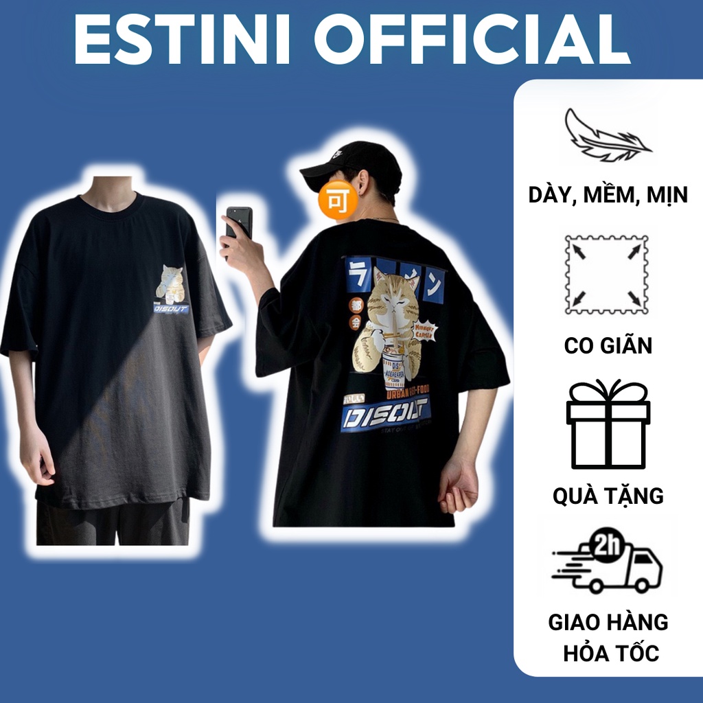 Áo thun tay lỡ ESTINI phông unisex nam nữ cotton oversize form rộng Mèo ăn mì