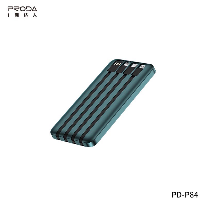 Pin Sạc Dự Phòng Proda PD P84 Dòng 10000mAh Kiêm Dây Sạc Có 4 Loại Chân USB, Micro, Type-C, Lightning Có Đèn Pin Màn Led